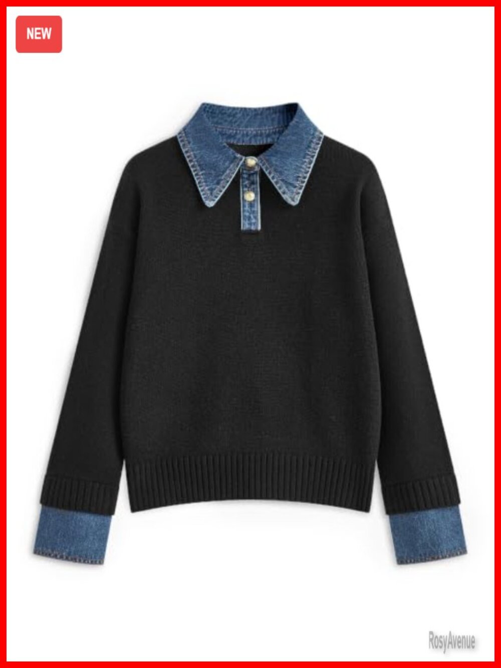Oversized Knit Polo Sweater with Denim Collar and Cuffs Long Sleeve Pullover
